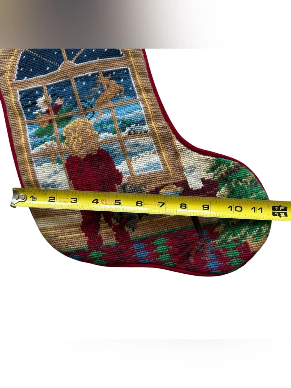 Vintage Wool Needlepoint Christmas Stocking Santa Reindeer Grandmillennial Decor
